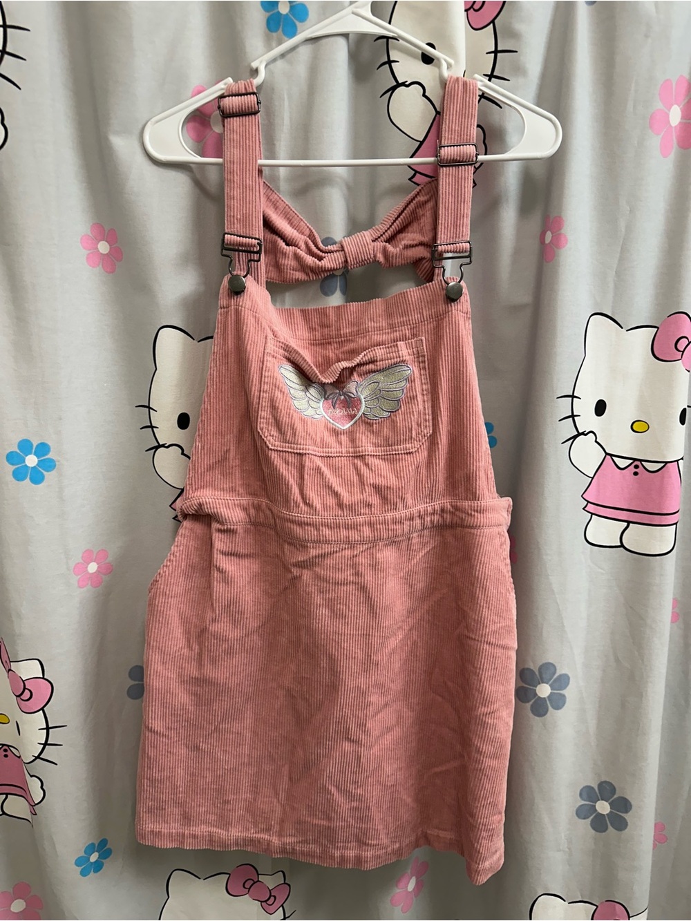 Hot Topic Pink Corduroy Overall Dress with Winged Heart Pocket